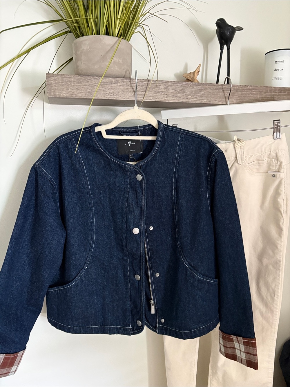 7 For All Mankind Dark Blue Denim Jacket with Plaid Cuffs